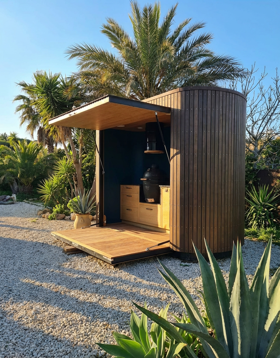 A Yunke pavilion at dusk in a Mediterranean garden